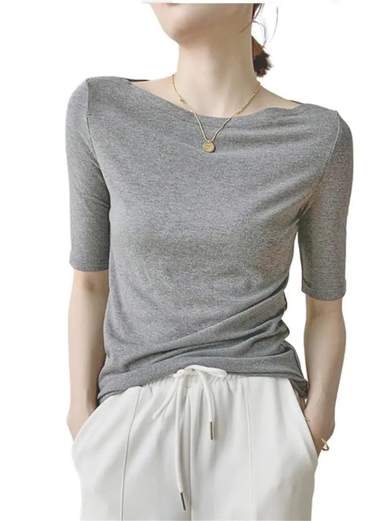 Summer New Women Knitted Cotton Elegant Slash Neck Crop Tops Half Sleeve Slim Casual Temperament Cozy Undershirts Blouses