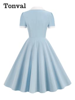 Tonval Notched Collar Summer Formal Long Dresses for Women Pockets Elegant Midi Length Vintage Style Flare Dress