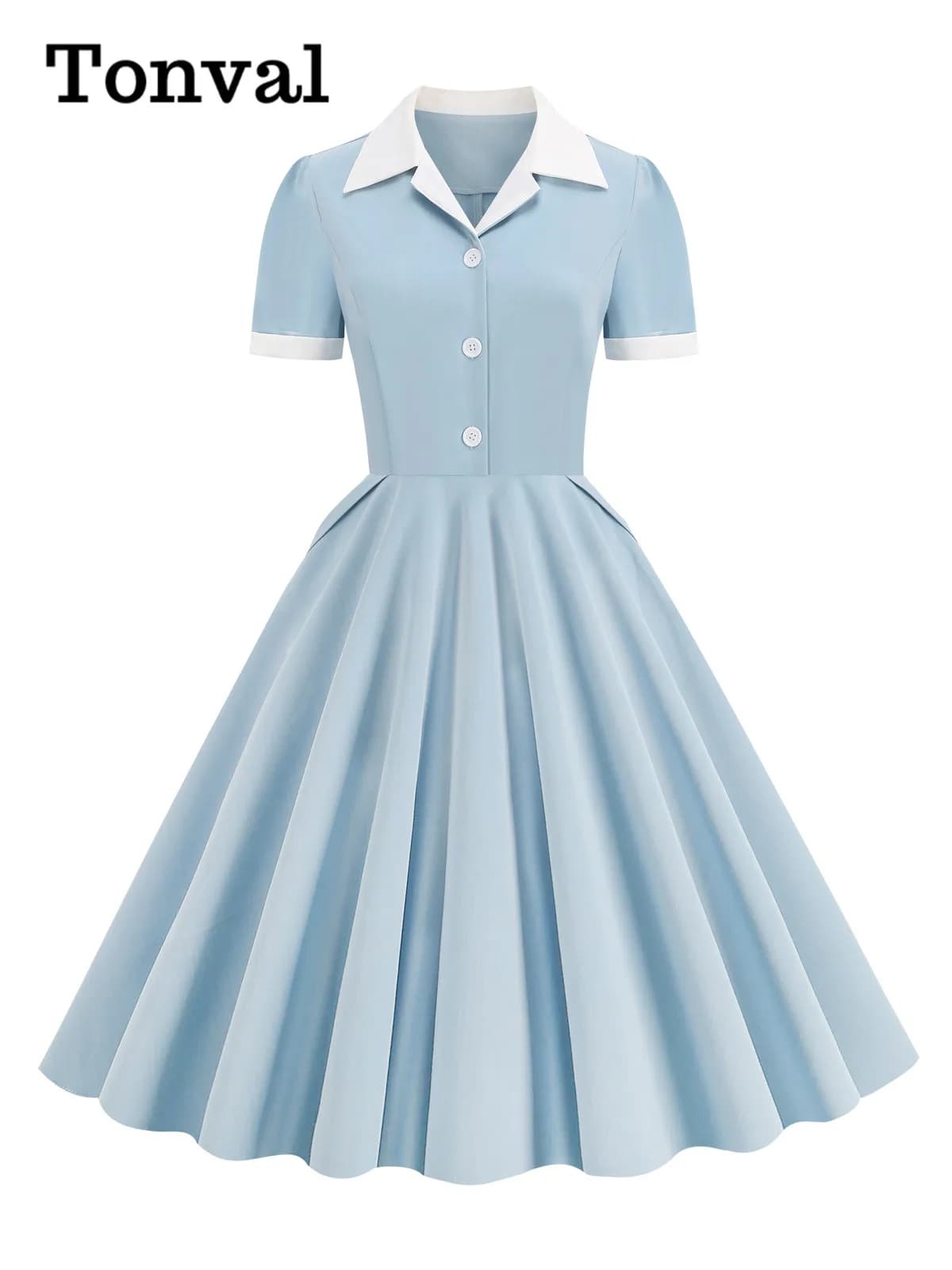 Tonval Notched Collar Summer Formal Long Dresses for Women Pockets Elegant Midi Length Vintage Style Flare Dress
