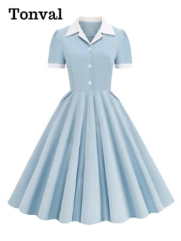 Tonval Notched Collar Summer Formal Long Dresses for Women Pockets Elegant Midi Length Vintage Style Flare Dress