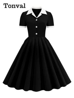 Tonval Notched Collar Summer Formal Long Dresses for Women Pockets Elegant Midi Length Vintage Style Flare Dress