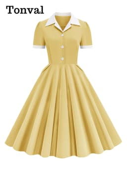 Tonval Notched Collar Summer Formal Long Dresses for Women Pockets Elegant Midi Length Vintage Style Flare Dress