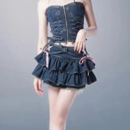 Women Blue Denim Pleated Skirt Bow Harajuku A-Line Patchwork Cute Sexy Skirts Kawaii Ruffles Waist Korean Hotsweet Jeans Skirt