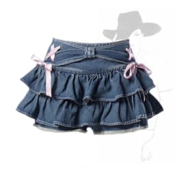 Women Blue Denim Pleated Skirt Bow Harajuku A-Line Patchwork Cute Sexy Skirts Kawaii Ruffles Waist Korean Hotsweet Jeans Skirt