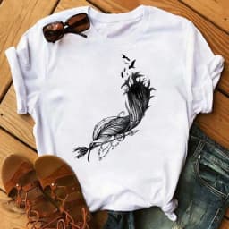 Women's Simple T-shirt Half Sleeve Colorful Flower Butterfly Art Feather Print Short Sleeve T-shirt Tops Oversized T Shirt