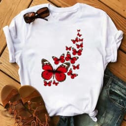 Women's Simple T-shirt Half Sleeve Colorful Flower Butterfly Art Feather Print Short Sleeve T-shirt Tops Oversized T Shirt
