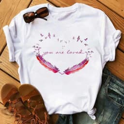 Women's Simple T-shirt Half Sleeve Colorful Flower Butterfly Art Feather Print Short Sleeve T-shirt Tops Oversized T Shirt
