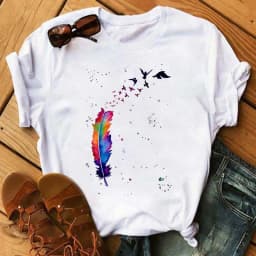 Women's Simple T-shirt Half Sleeve Colorful Flower Butterfly Art Feather Print Short Sleeve T-shirt Tops Oversized T Shirt