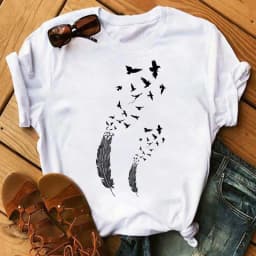 Women's Simple T-shirt Half Sleeve Colorful Flower Butterfly Art Feather Print Short Sleeve T-shirt Tops Oversized T Shirt