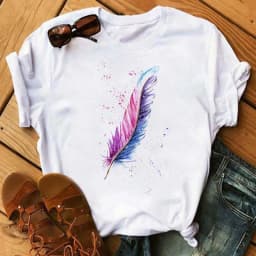 Women's Simple T-shirt Half Sleeve Colorful Flower Butterfly Art Feather Print Short Sleeve T-shirt Tops Oversized T Shirt