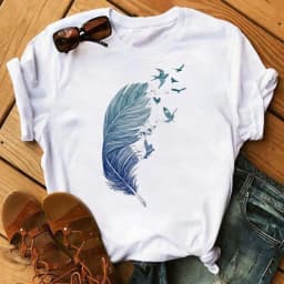 Women's Simple T-shirt Half Sleeve Colorful Flower Butterfly Art Feather Print Short Sleeve T-shirt Tops Oversized T Shirt