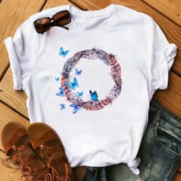 Women's Simple T-shirt Half Sleeve Colorful Flower Butterfly Art Feather Print Short Sleeve T-shirt Tops Oversized T Shirt
