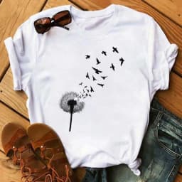 Women's Simple T-shirt Half Sleeve Colorful Flower Butterfly Art Feather Print Short Sleeve T-shirt Tops Oversized T Shirt