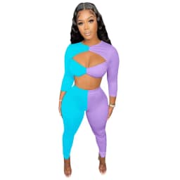 Color Block Patchwork Two Piece Set Women Cut Out Crop Top and Pants Leggings Club Outfits for Women Matching Sets Tracksuit