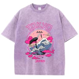 Vintage Womens Acid Wash T-Shirts Tokyo Harajuku Printing Tees Crewneck Cotton Oversized Short Sleeve Fashion Female Clothes