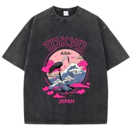 Vintage Womens Acid Wash T-Shirts Tokyo Harajuku Printing Tees Crewneck Cotton Oversized Short Sleeve Fashion Female Clothes