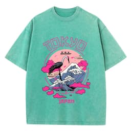 Vintage Womens Acid Wash T-Shirts Tokyo Harajuku Printing Tees Crewneck Cotton Oversized Short Sleeve Fashion Female Clothes