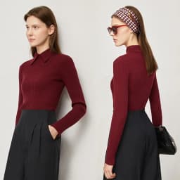 Amii Minimalism 2024 Sweater for Women Autumn New Office Lady Basic Lapel Striped Slim Knitted Tops Solid Trendy Blouse 12444058