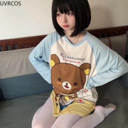 Japanese Kawaii Lolita T Shirts Cartoon Bear Print Loose T-shirt Women Aesthetic Harajuku Grunge O Neck Casual Long Sleeves Tops