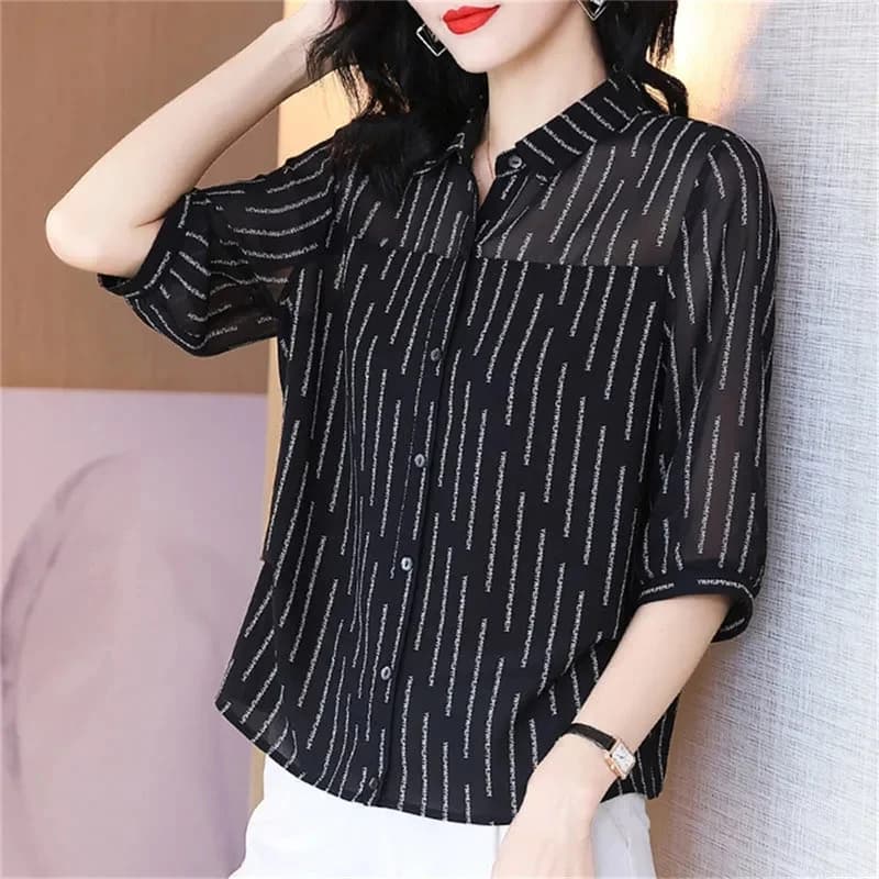 2024 Spring New High end Western style Seven Sleeve Chiffon Shirt for Women Reducing Age Covering Belly Mother's Temperament Top