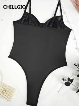 CHILLGIO Women PU Patchwork Black Bodysuit Push Up Spaghetti Straps Romper Sexy Lingеrie Club Tight Jumpsuit Top Hot Sexy Onesie