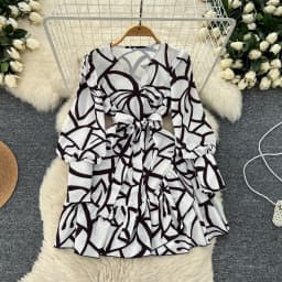 Chic V-neck Vintage Long Lantern Sleeve Elegant Print Slim Ruffles Short Dresses French Evening High Street Autumn Clothing