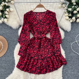Chic V-neck Vintage Long Lantern Sleeve Elegant Print Slim Ruffles Short Dresses French Evening High Street Autumn Clothing