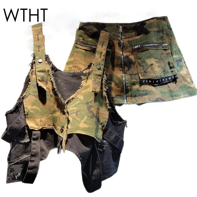 WTHT New Trendy Women's Patchwork Camouflage Denim Sling Tops High Waist Zipper Design A-line Skirts Female 2025 Summer 1LS1665