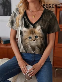 Outdoor Women's T-Shirt Cute Cat Printed Short Sleeve Top Female Harajuku Tees Shirt Plus Size V-Neck Tops Animal Women Clothing