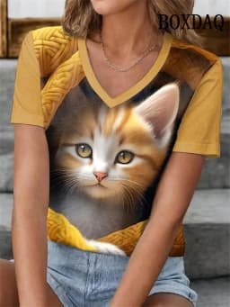 Outdoor Women's T-Shirt Cute Cat Printed Short Sleeve Top Female Harajuku Tees Shirt Plus Size V-Neck Tops Animal Women Clothing