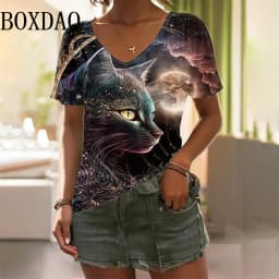 Outdoor Women's T-Shirt Cute Cat Printed Short Sleeve Top Female Harajuku Tees Shirt Plus Size V-Neck Tops Animal Women Clothing