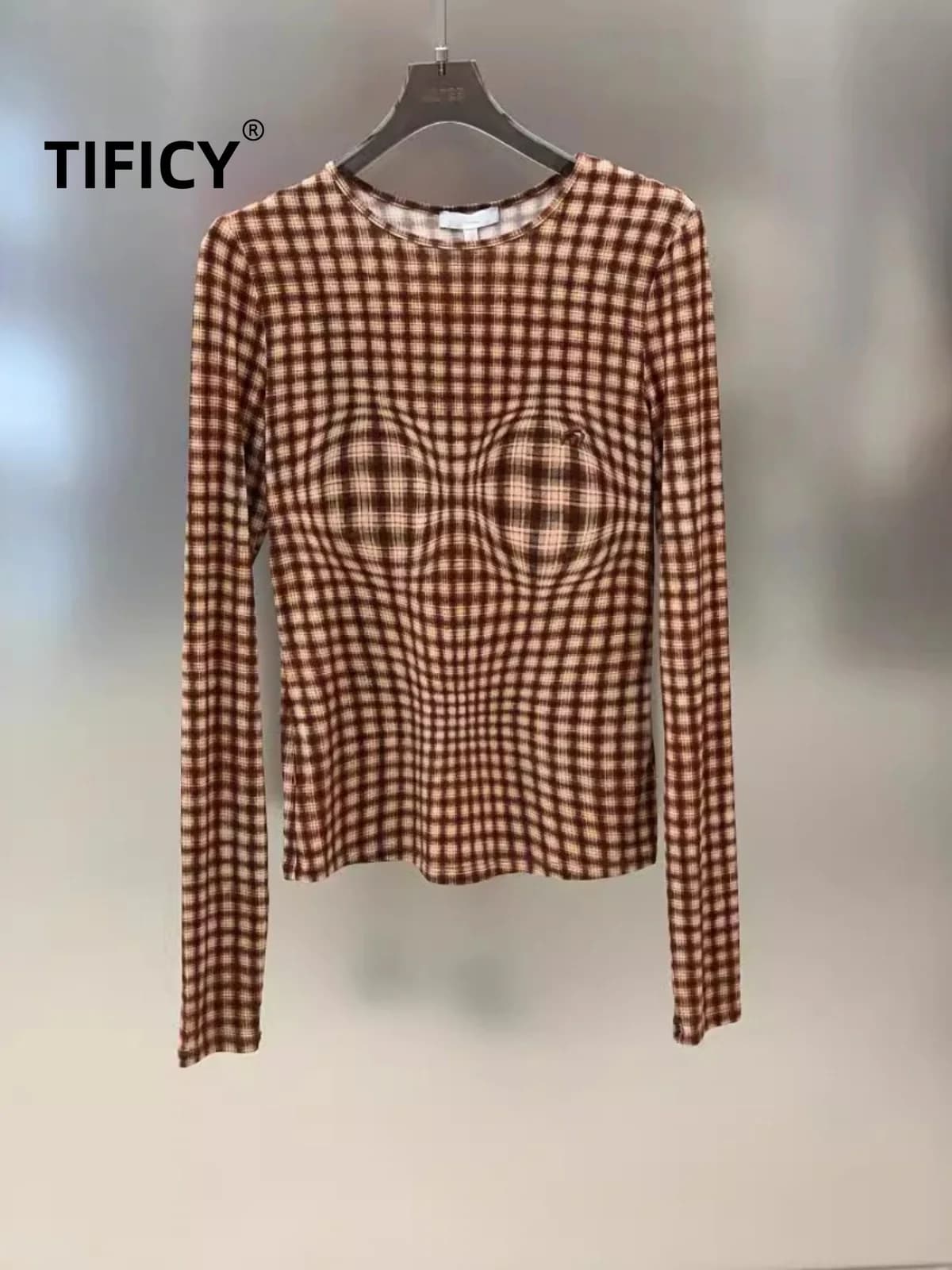 Fashion Women's Pullover T-shirts Brown Plaid Top Slim Fitting and Slimming Round Neck Long Sleeved Tshirts Top Base