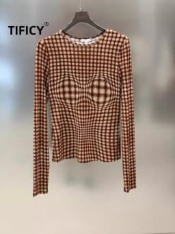 Fashion Women's Pullover T-shirts Brown Plaid Top Slim Fitting and Slimming Round Neck Long Sleeved Tshirts Top Base