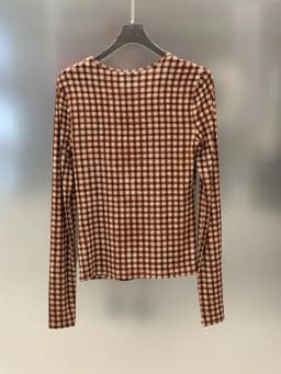 Fashion Women's Pullover T-shirts Brown Plaid Top Slim Fitting and Slimming Round Neck Long Sleeved Tshirts Top Base