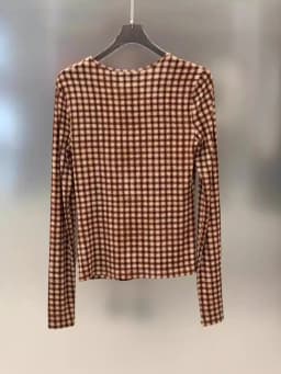 Fashion Women's Pullover T-shirts Brown Plaid Top Slim Fitting and Slimming Round Neck Long Sleeved Tshirts Top Base