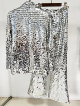 HIGH STREET Newest 2026 Stylish Designer Suit Set Women's Trim Single Button Mesh Sequined Blazer Pants Set