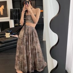 High Street Sexy New Summer Women Designer Vintage Printed Strapless Tube Top High Waist Long Skirt Female Two Piece Set