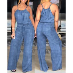 Women's Casual Solid Color Wide Leg Straight Overalls Summer Sleeveless Spaghetti Strap Drawstring Waist Jumpsuits