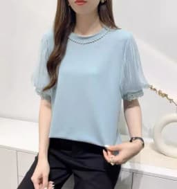 pearl collar women tees short sleeve bead work neck tops