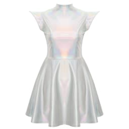 Womens Cocktail Dress Shiny Metallic Dress Alien Space Cap Sleeve High Waist A-line Dress for Halloween Party High Street Dress