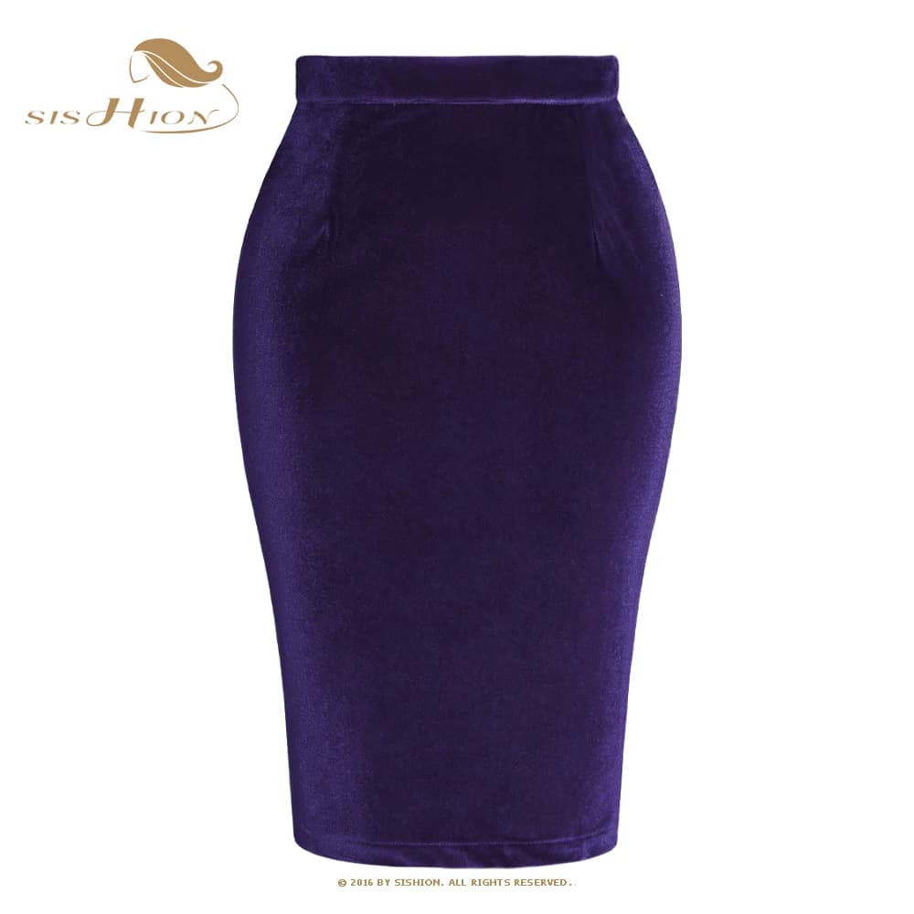 SISHION Purple Black Autumn Winter Women Skirt Stretch Bodycon Straight Casual Work OL Office Pencil Velvet Sexy Skirts SS0028