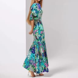 Early Spring New O Neck Fit Mermaid Dress Fashion Lady Party Pleated Dress Temperament Lantern Sleeve Print Wrap Hips Long Dress