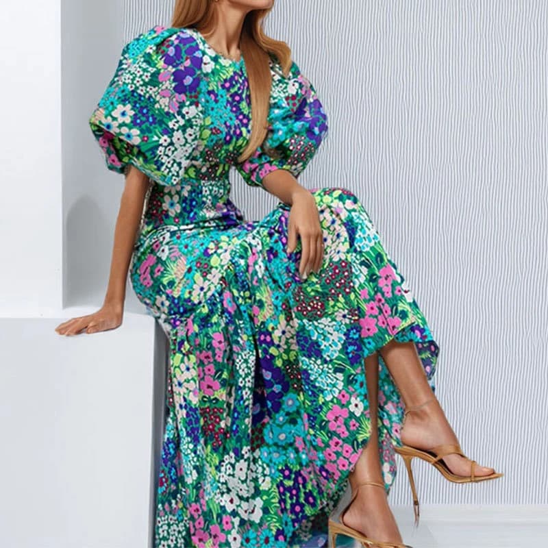 Early Spring New O Neck Fit Mermaid Dress Fashion Lady Party Pleated Dress Temperament Lantern Sleeve Print Wrap Hips Long Dress
