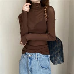 Women Lace Bottomed Blouse T-shirt Long Sleeve Transparent Hollow Mesh High collar fungus Spring T-Shirt For Women Beach Shirts
