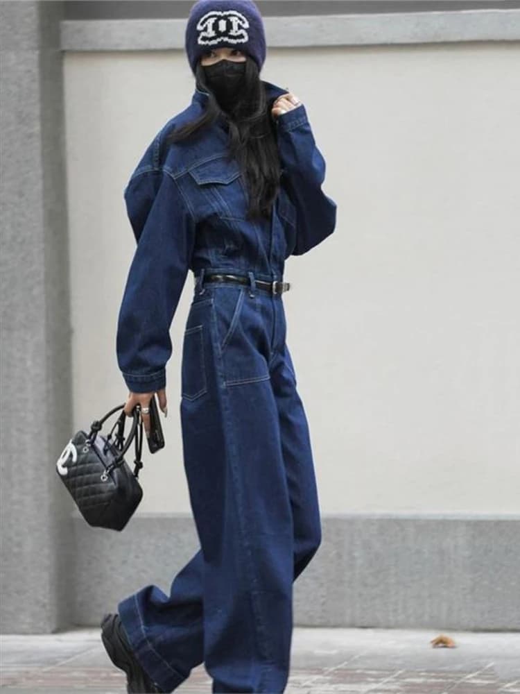 Street Denim Jeans Jumpsuit for Women Long Sleeve Rompers Trousers Safari Style High Quality New Fashion 2025