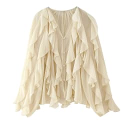 Spring 2025 Women Sex Semi-Sheer Long Sleeve V Neck Ruffle Blouse Shirt Front Button Streetwear Tops