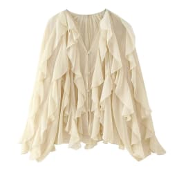 Spring 2025 Women Sex Semi-Sheer Long Sleeve V Neck Ruffle Blouse Shirt Front Button Streetwear Tops