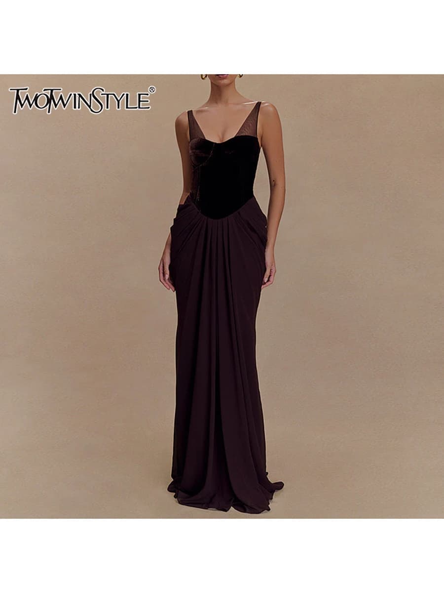 TWOTWINSTYLE Hit Color Spliced Folds Slimming Dresses For Women Square Neck Sleeveless High Waist Temperament Dress Female New