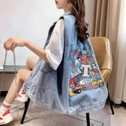 New Denim Vest For Women Jeans Veste Female Casual Sleeveless Jacket Korean Loose Mid-length Printed Female Waistcoat S-4XL
