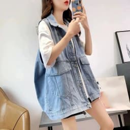 New Denim Vest For Women Jeans Veste Female Casual Sleeveless Jacket Korean Loose Mid-length Printed Female Waistcoat S-4XL